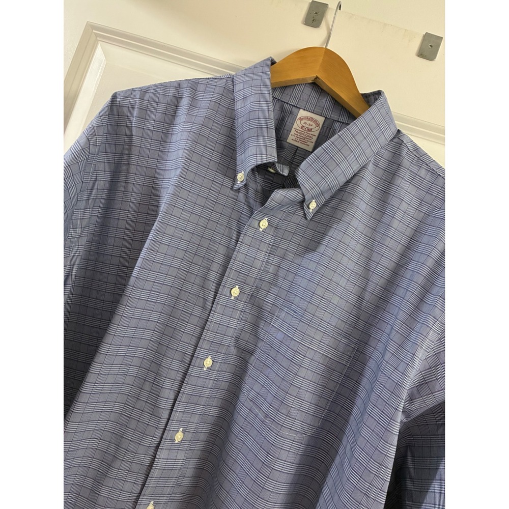 Brooks Brothers 18-34 Traditional Fit Non-Iron Stretch Plaid Dress Shirt blue